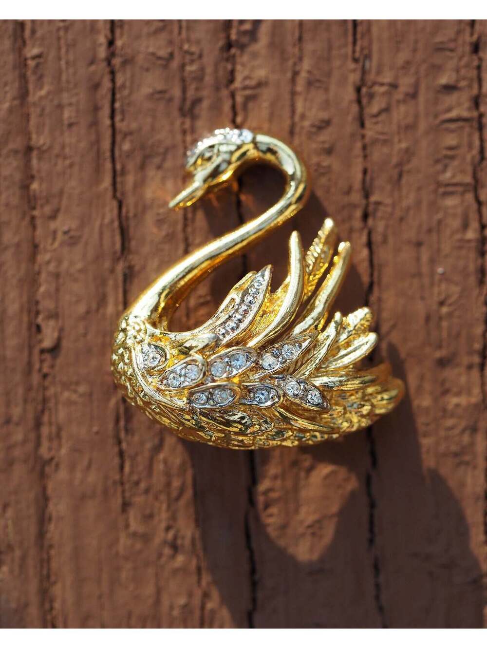 Vintage Marvella Rhinestone Swan Brooch Signed Gold-Tone 1960s